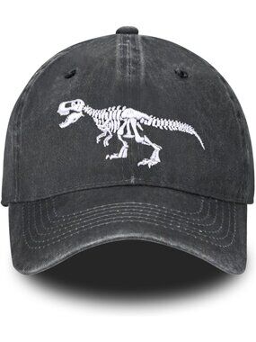 Unisax Black Dinosaur Skeleton Embroidered Adjustable Distressed Baseball Hat